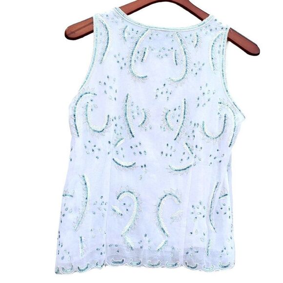 Beaded Sequin White Top S  Sleeveless Blue Turquoise 90s India Sirenscape - Picture 3 of 11